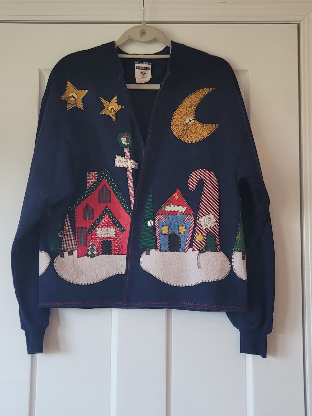 Jerzees Handmade Holiday Appliqué Cowl Neck Sweater with Festive Village